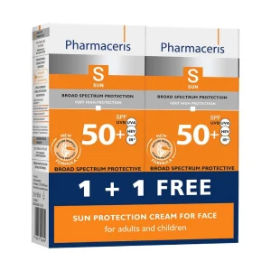 PHARMACERIS S, rinkinys 1+1: plataus spektro apsauginis kremas nuo saulės veidui, SPF50, 2x50ml