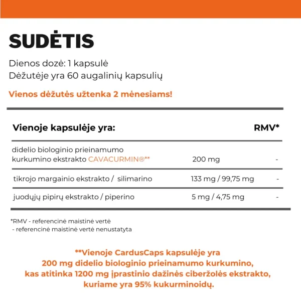 CARDUSCAPS, kurkuminas ir piperinas kepenų sveikatai bei cholesterolio kontrolei, maisto papildas, 60 kapsulių